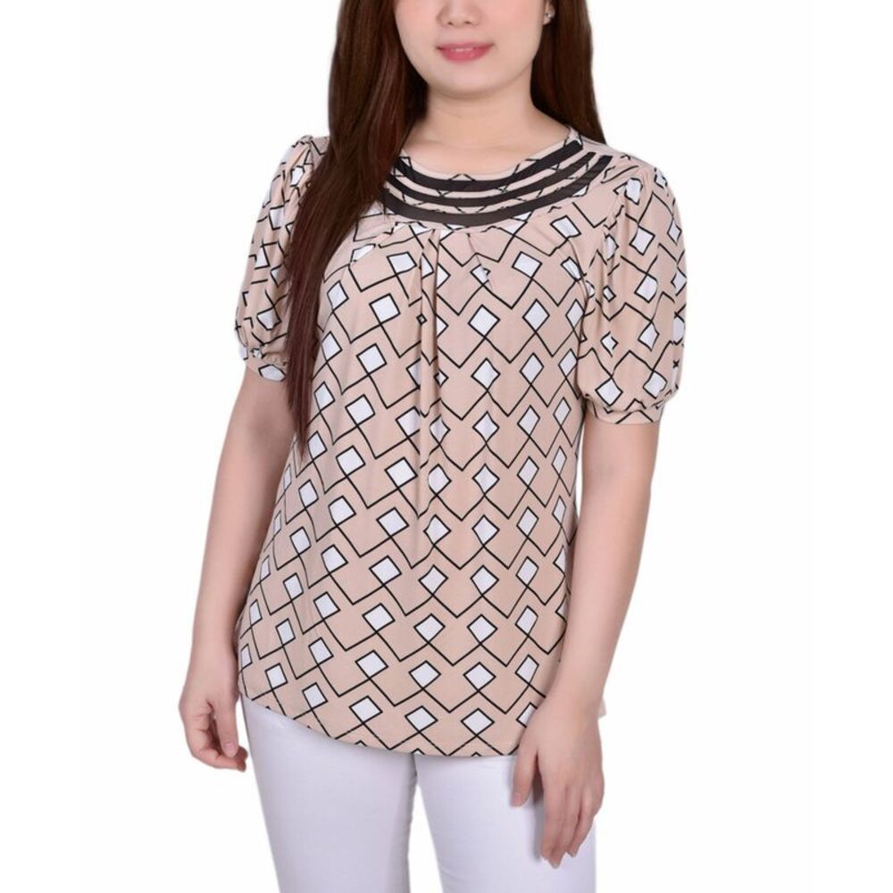 NY Collection Petite Short Puff Sleeve Mesh Inset Top